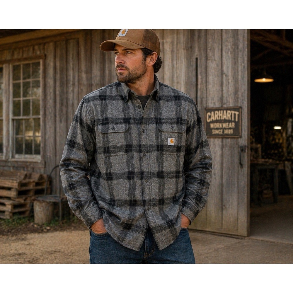 Carhartt Men's 2XL Loose Fit Flannel Shirt Gray Plaid Workwear Heavy Cotton